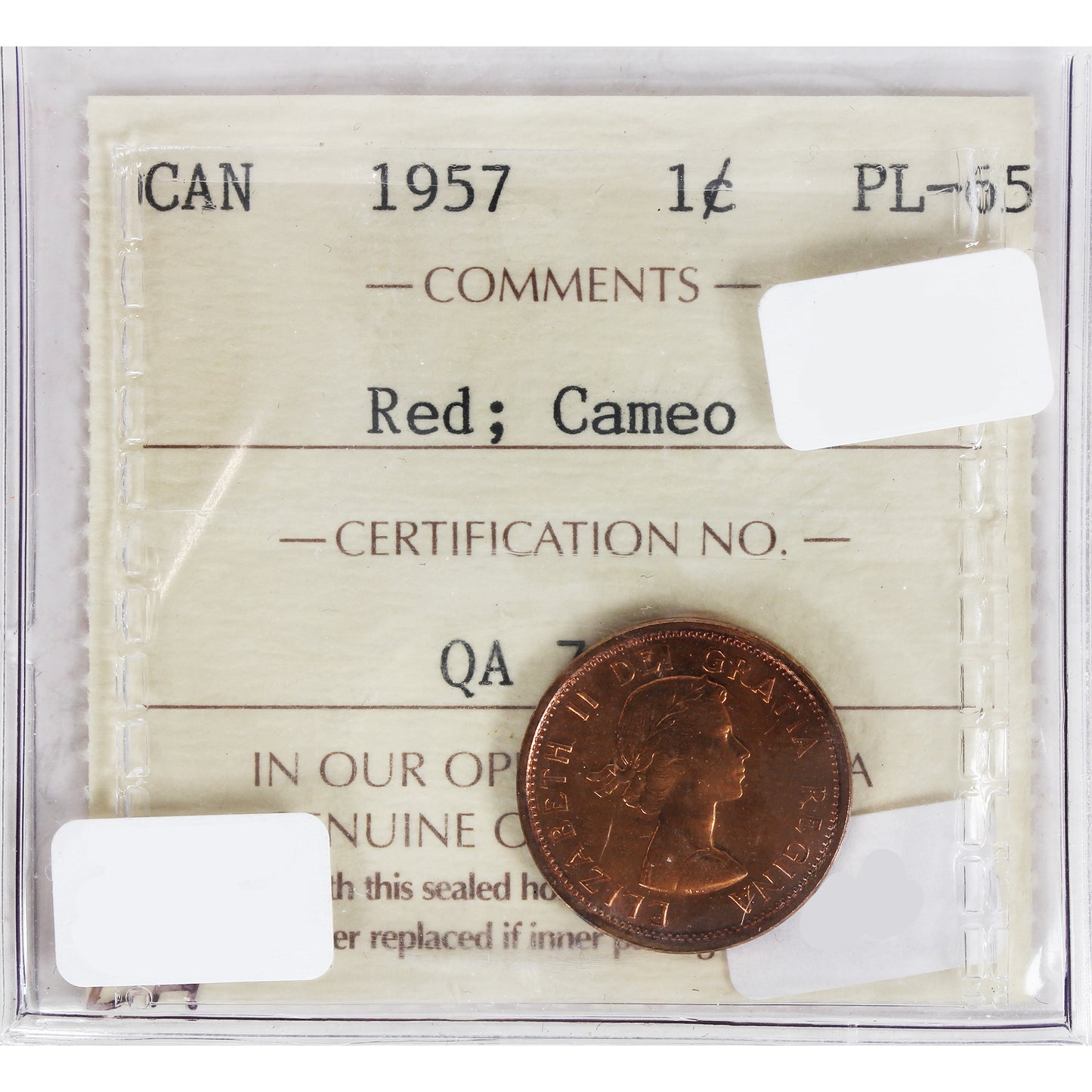 1957 Canada 1-cent ICCS Certified PL65 Red, Cameo