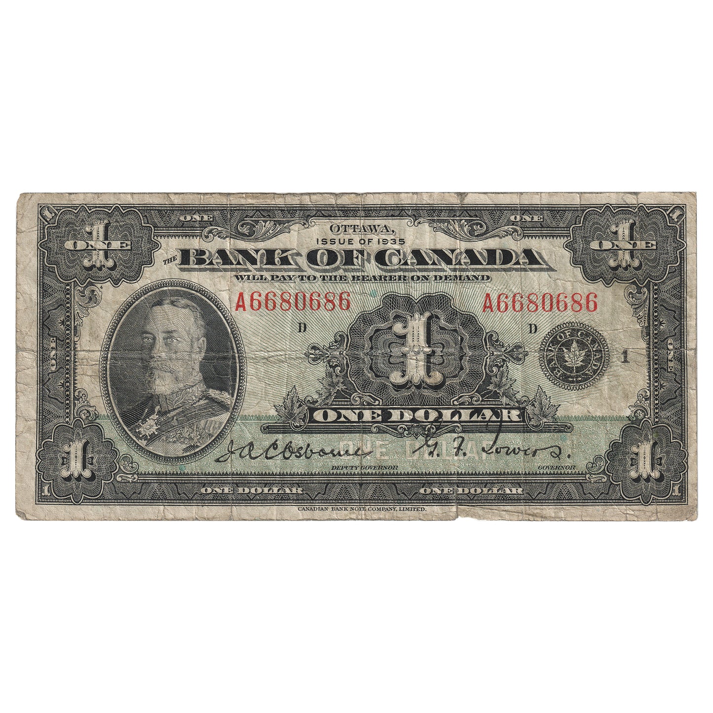 BC-1 1935 Canada $1 Osborne-Towers, English, Series A, Circ (Small Tear)
