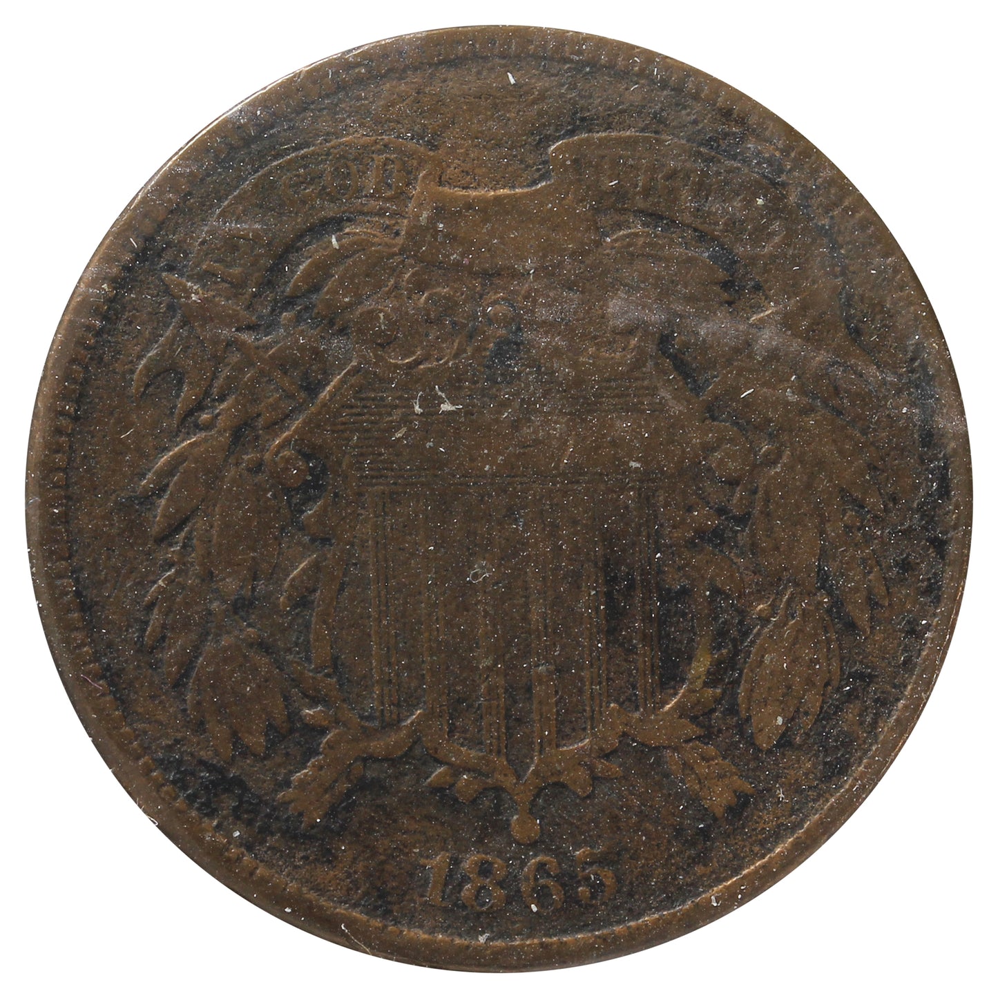 1865 USA 2 Cents F-VF (F15) Scratched, Cleaned or Impaired.