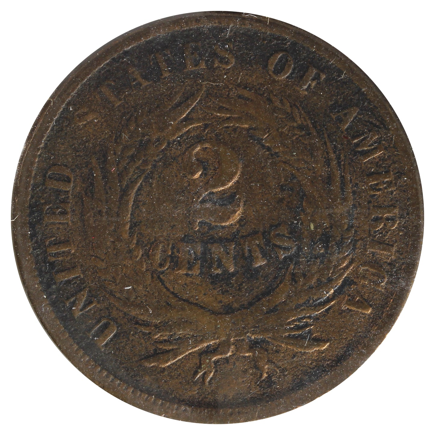 1865 USA 2 Cents F-VF (F15) Scratched, Cleaned or Impaired.