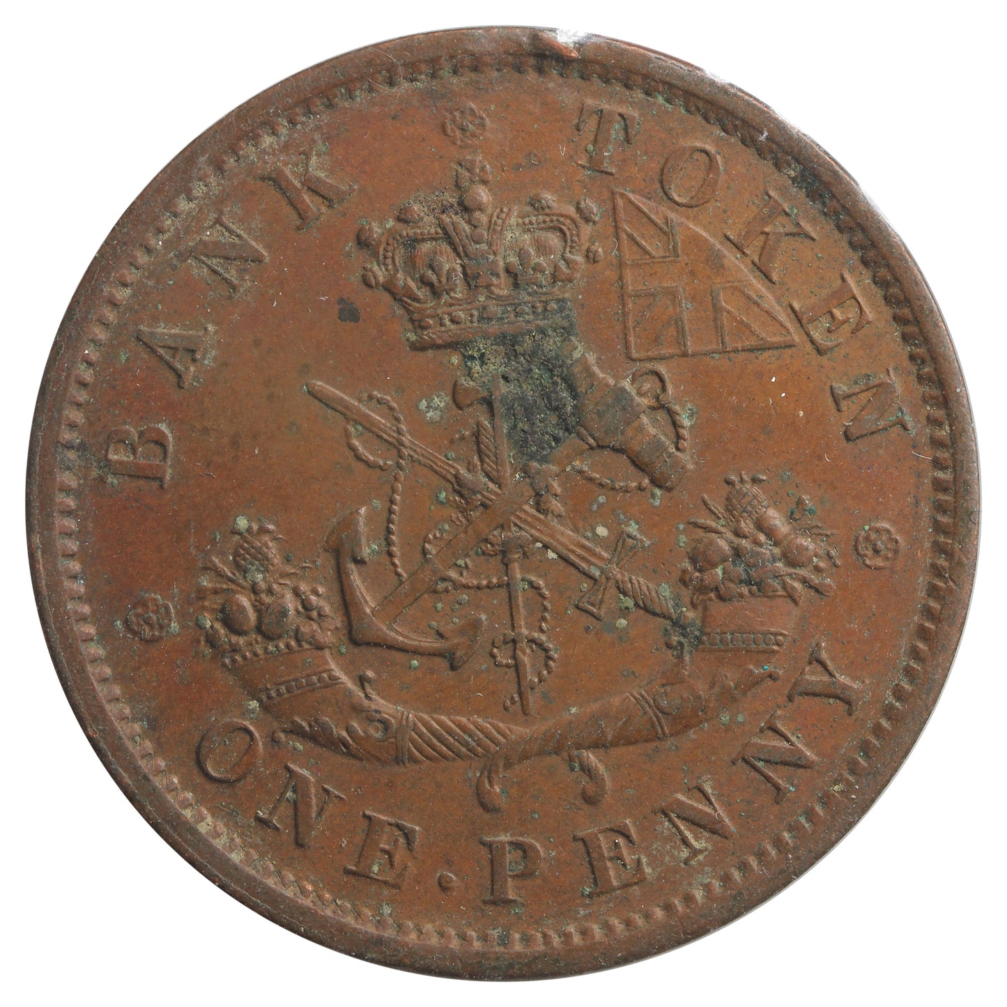 PC-6B5 1852 Upper Canada Penny Bank Token Almost Uncirculated (AU50) Corrosion