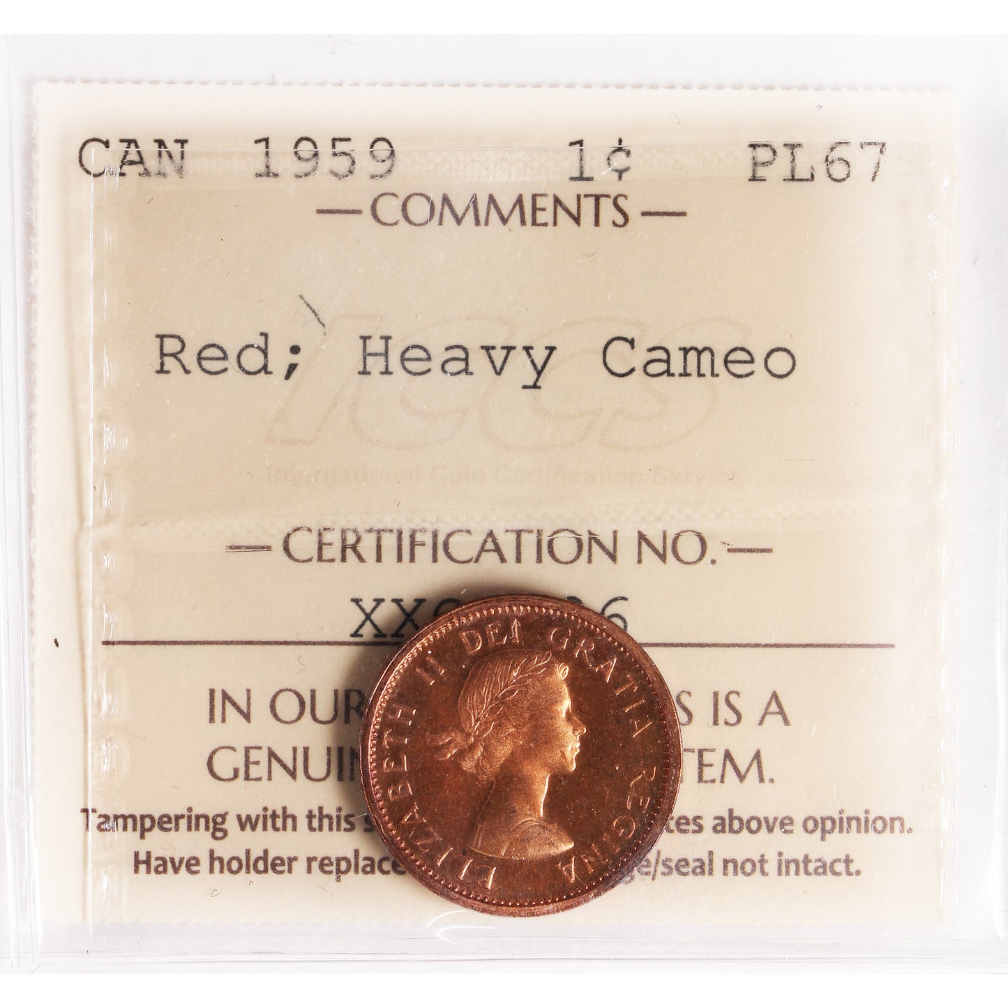 1959 Canada 1-cent ICCS Certified PL-67 Red, Heavy Cameo