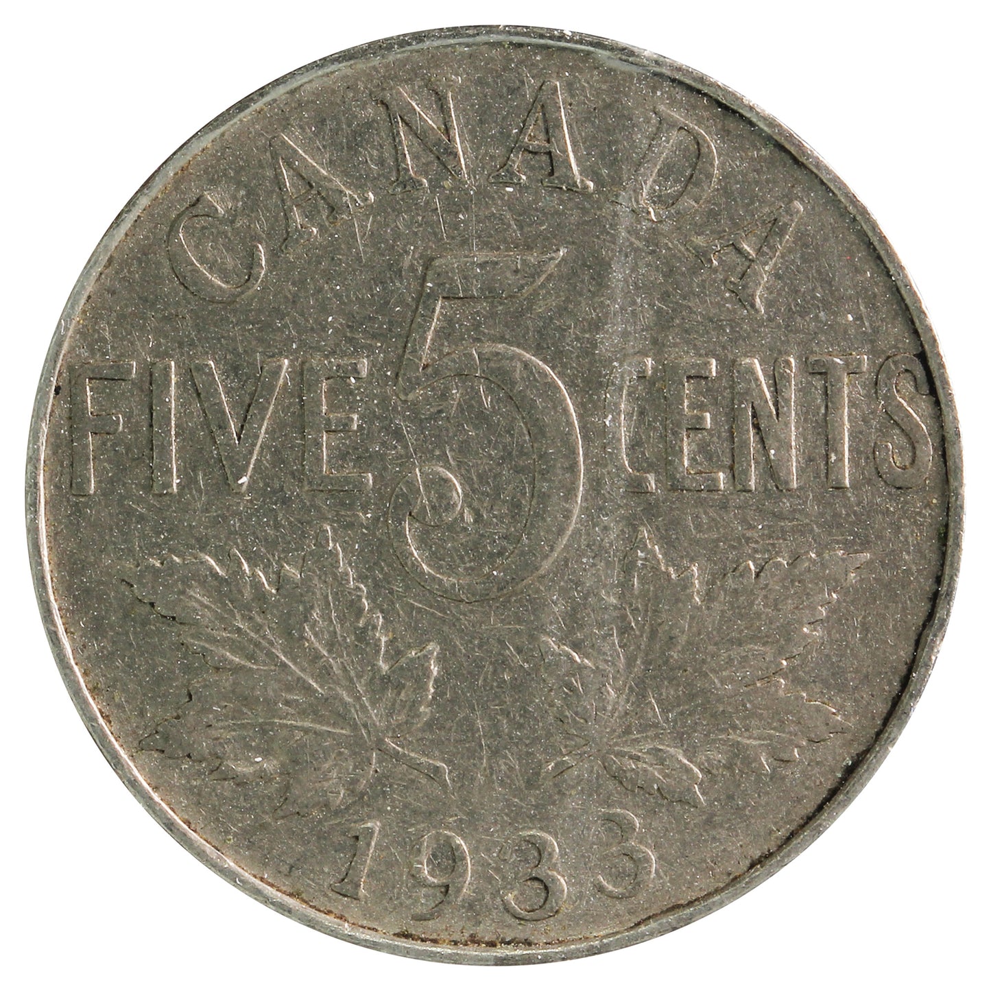 1933 Canada 5-Cents Fine (F12) Scratched, Cleaned or Impaired