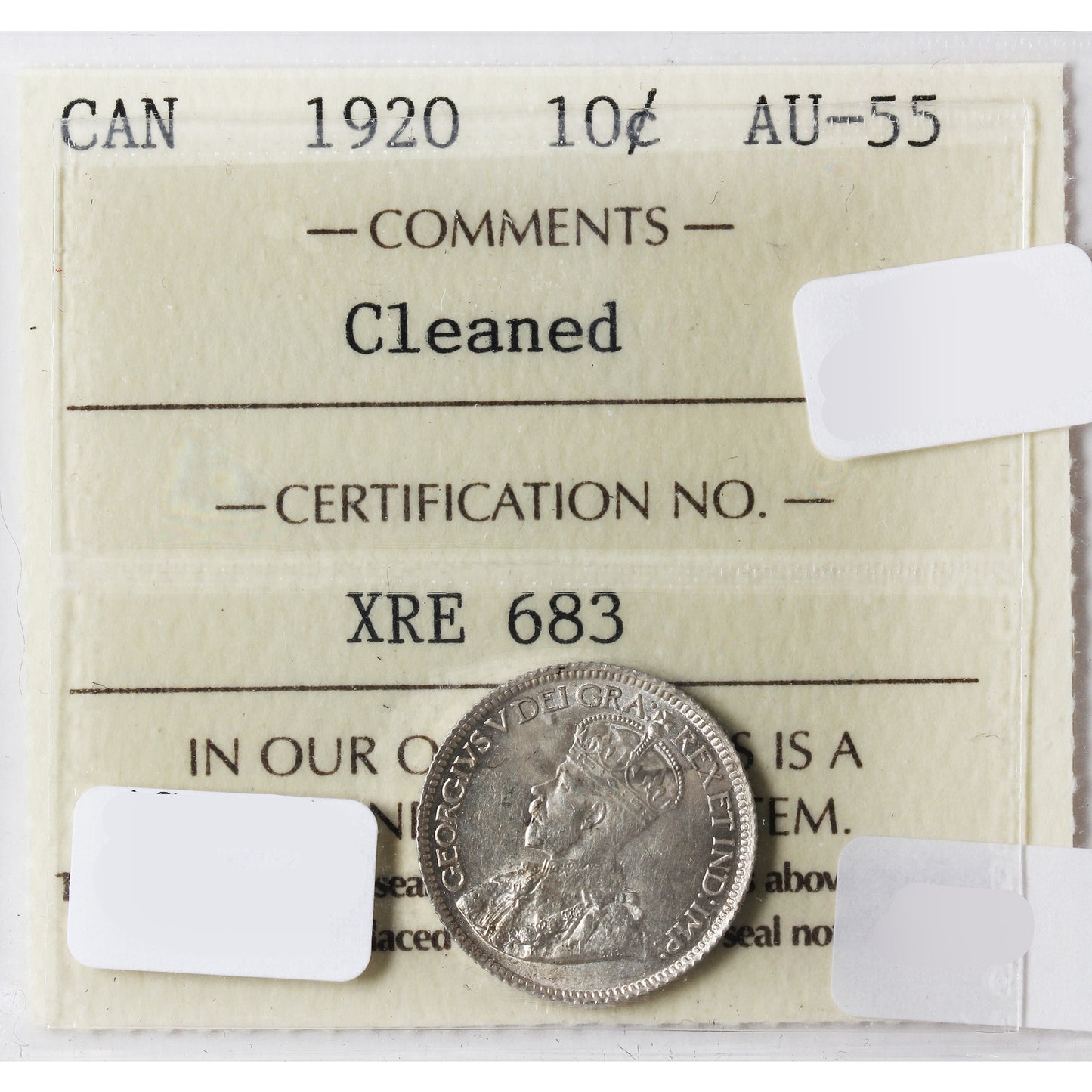 1920 Canada 10-Cents ICCS Certified AU55 (Cleaned)