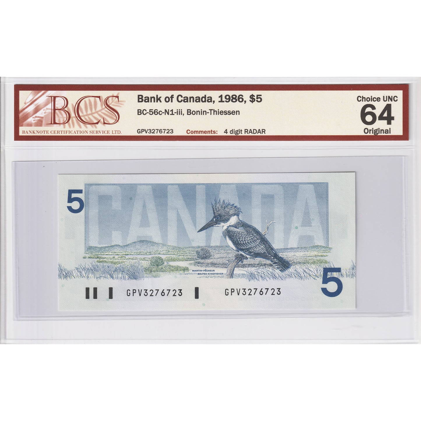 BC-56c-N1-iii 1986 Canada $5 Bonin-Thiessen, GPV, 4 Digit RADAR, BCS Cert CUNC64 Orig.
