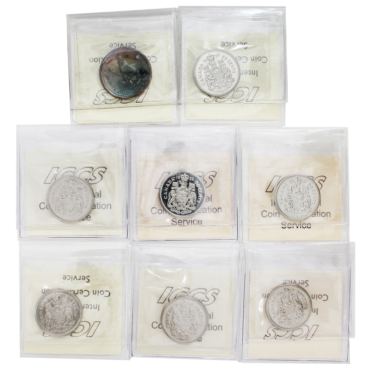 Lot of 8x 1967-1976 Canada 50-Cents ICCS Certified SP66 to PL65