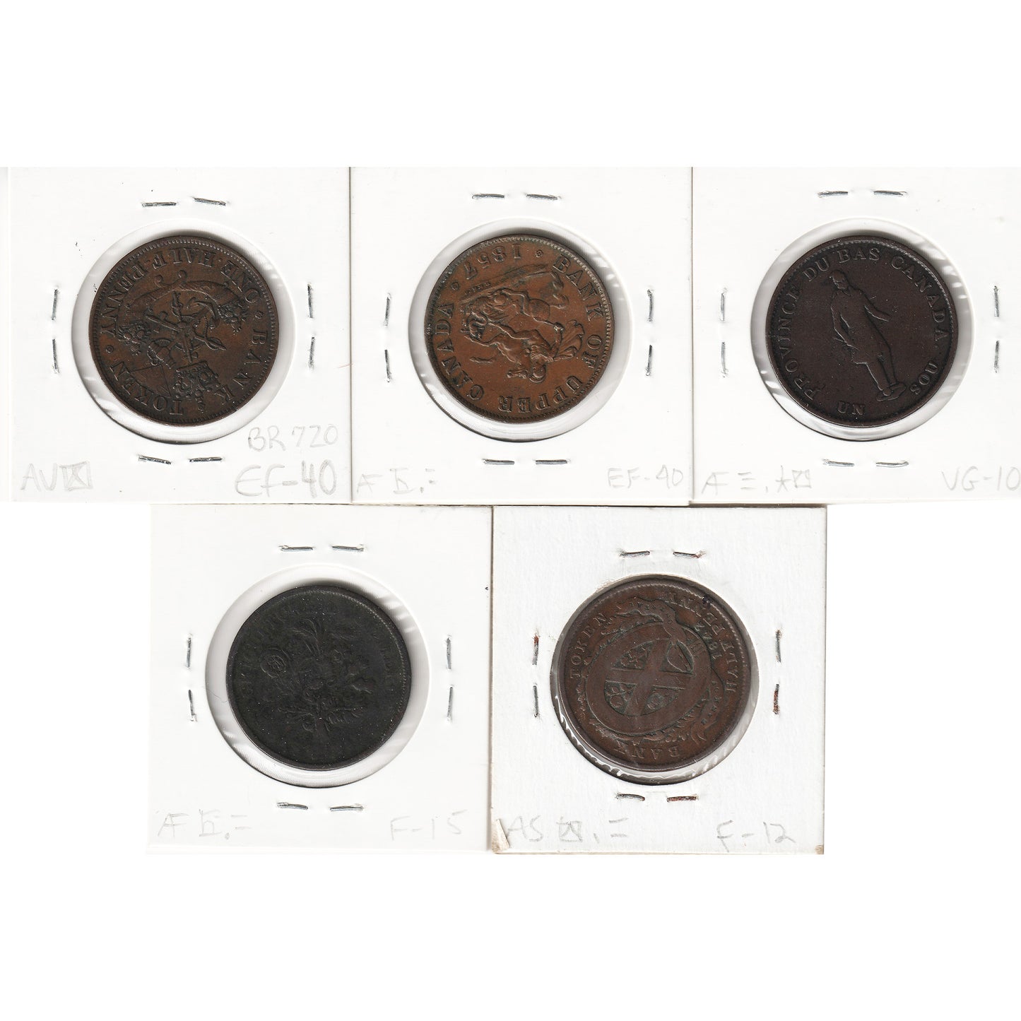 Lot of 5x 1837-1857 Canada Half Penny Bank Tokens