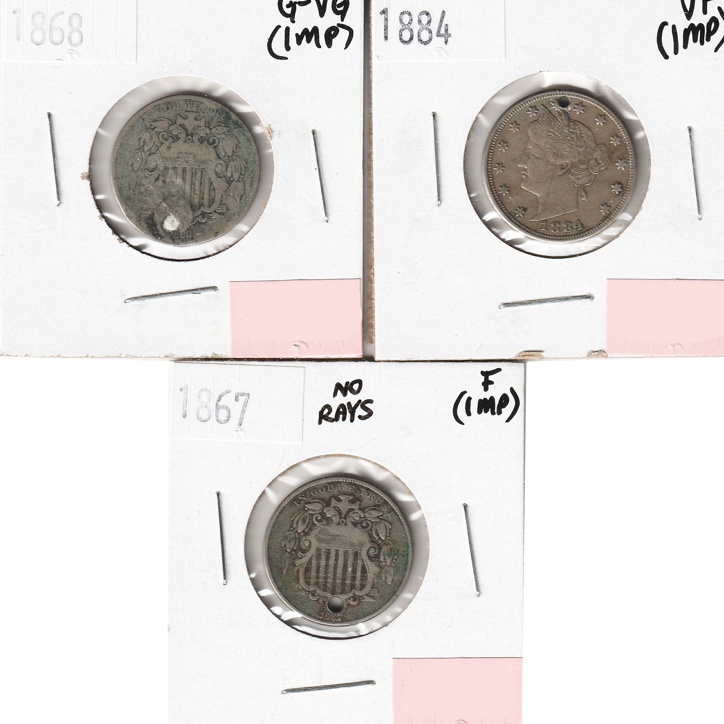 Lot of 3x 1867-1884 USA Nickels, G-VG to VF, 3Pcs. (Impaired)