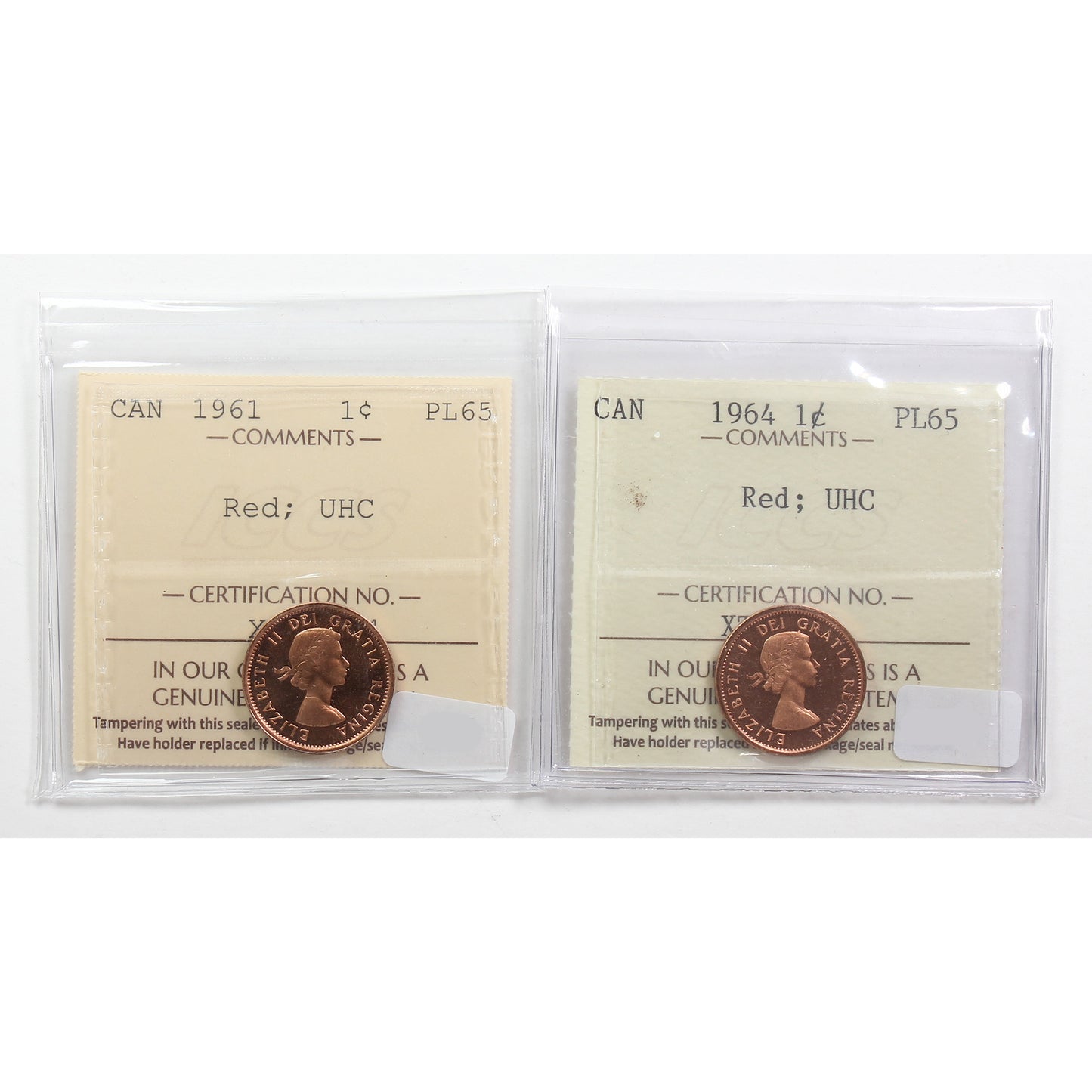 Pair of 1961 & 1964 Canada 1-Cent ICCS Certified PL65 Red; UHC, 2Pcs.