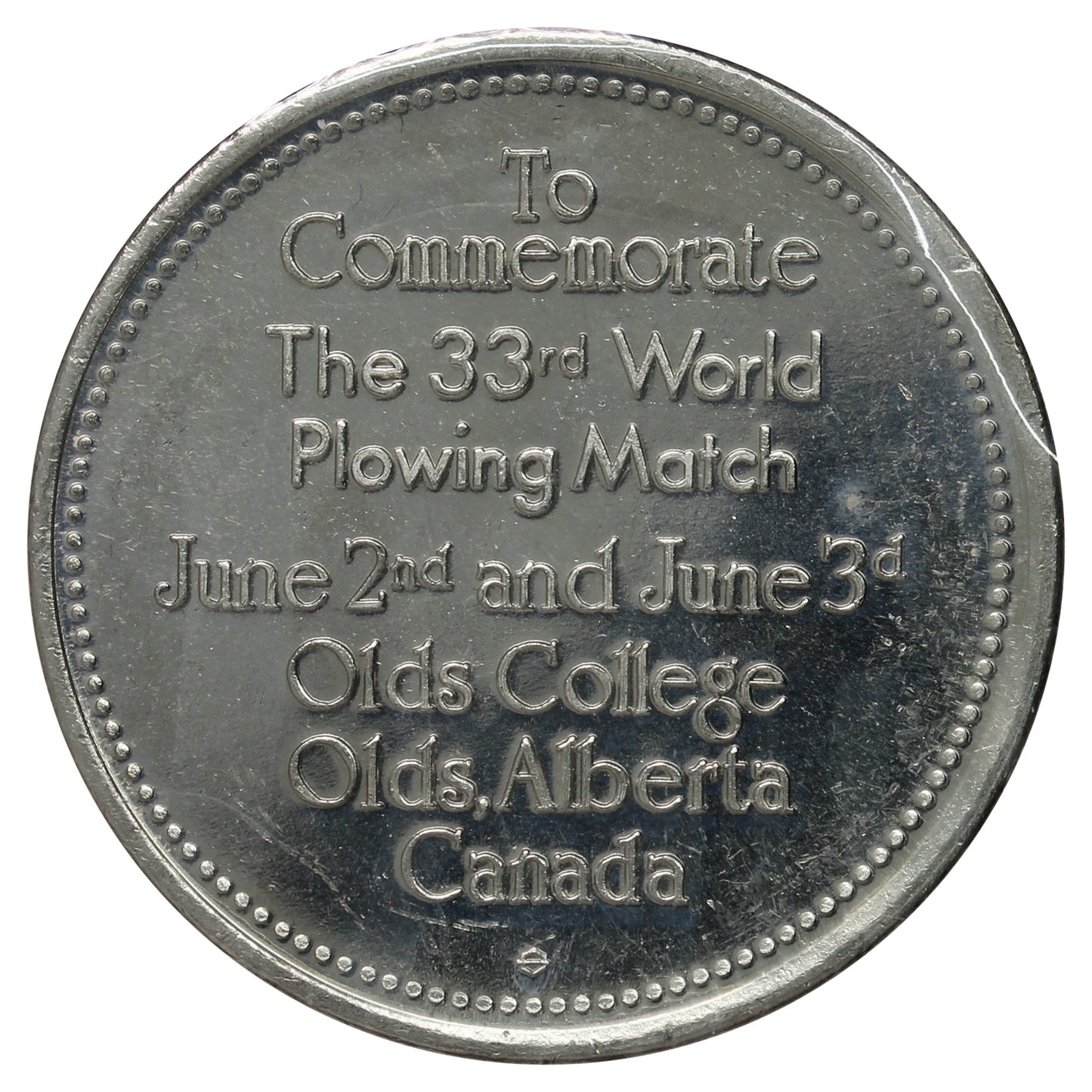 1986 Olds, AB 33rd World Plowing Match Commemorative Token