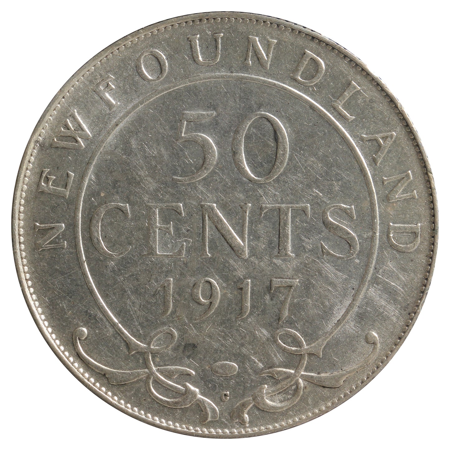1917c Newfoundland 50-cents Extra Fine (EF-40) Scratched