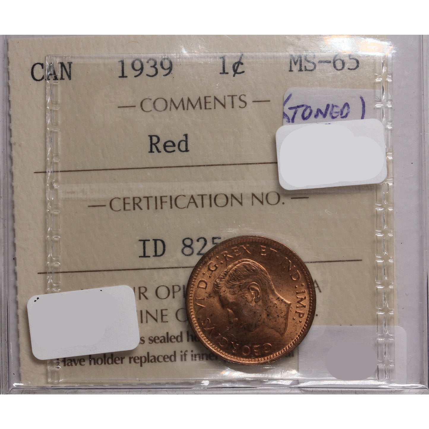 1939 Canada 1-cent ICCS Certified MS65 Red (Toned)