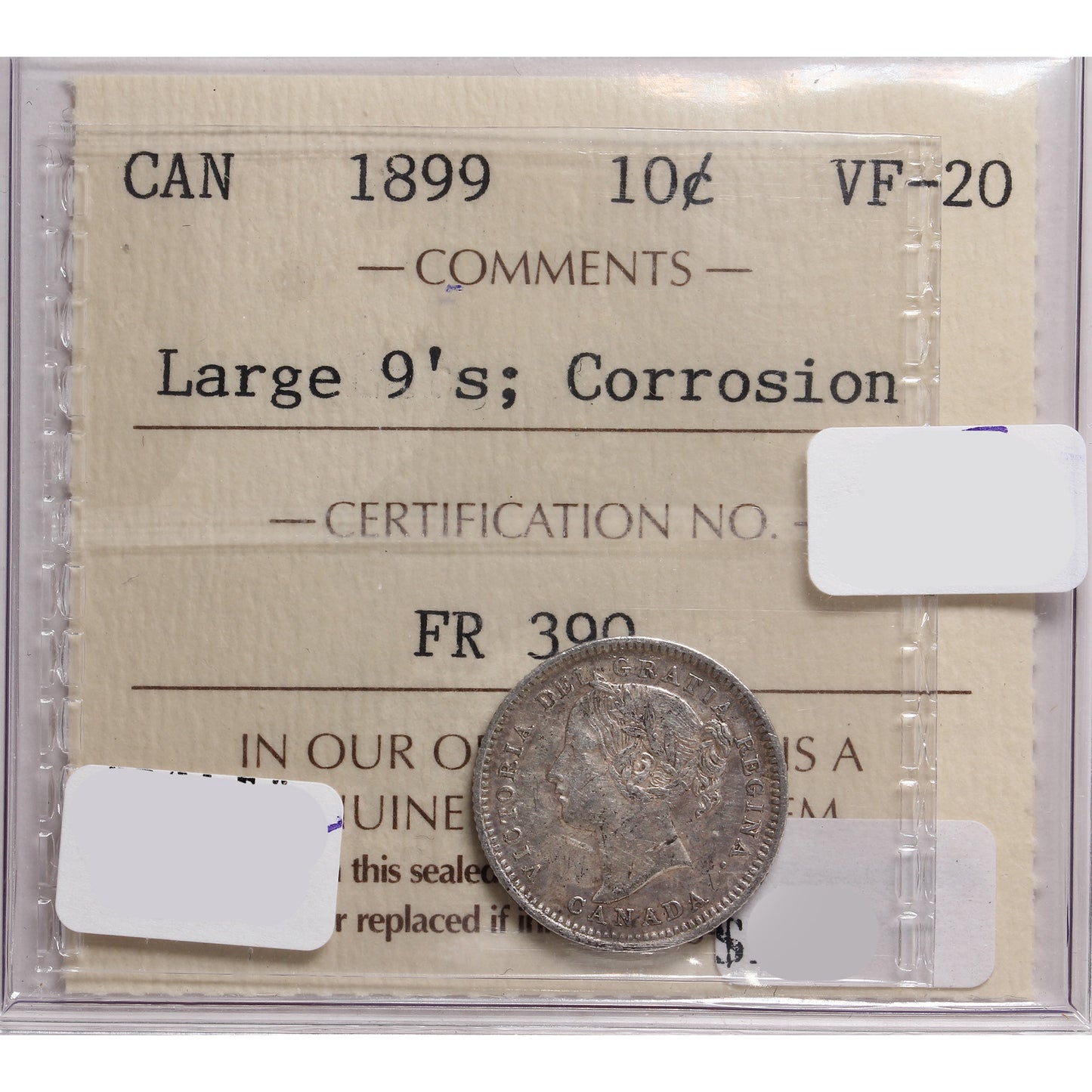 1899 Large 9's Canada 10-cents ICCS Certified VF-20 Corrosion