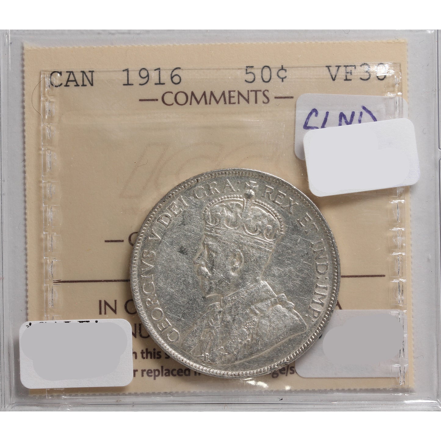 1916 Canada 50-cents ICCS Certified VF-30 Cleaned