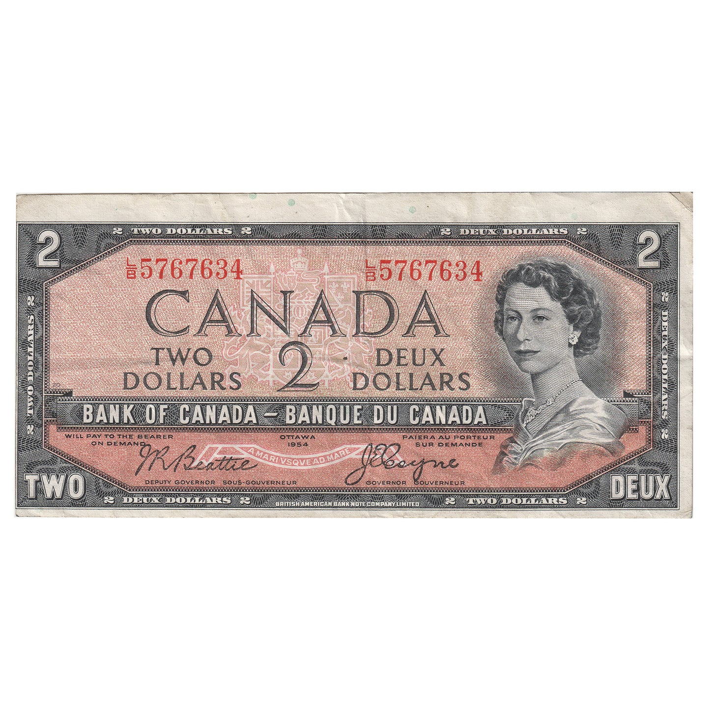 BC-38a-E25a-i 1954 Canada $2 Beattie-Rasminsky, L/B, VF-EF (Cut off Size)