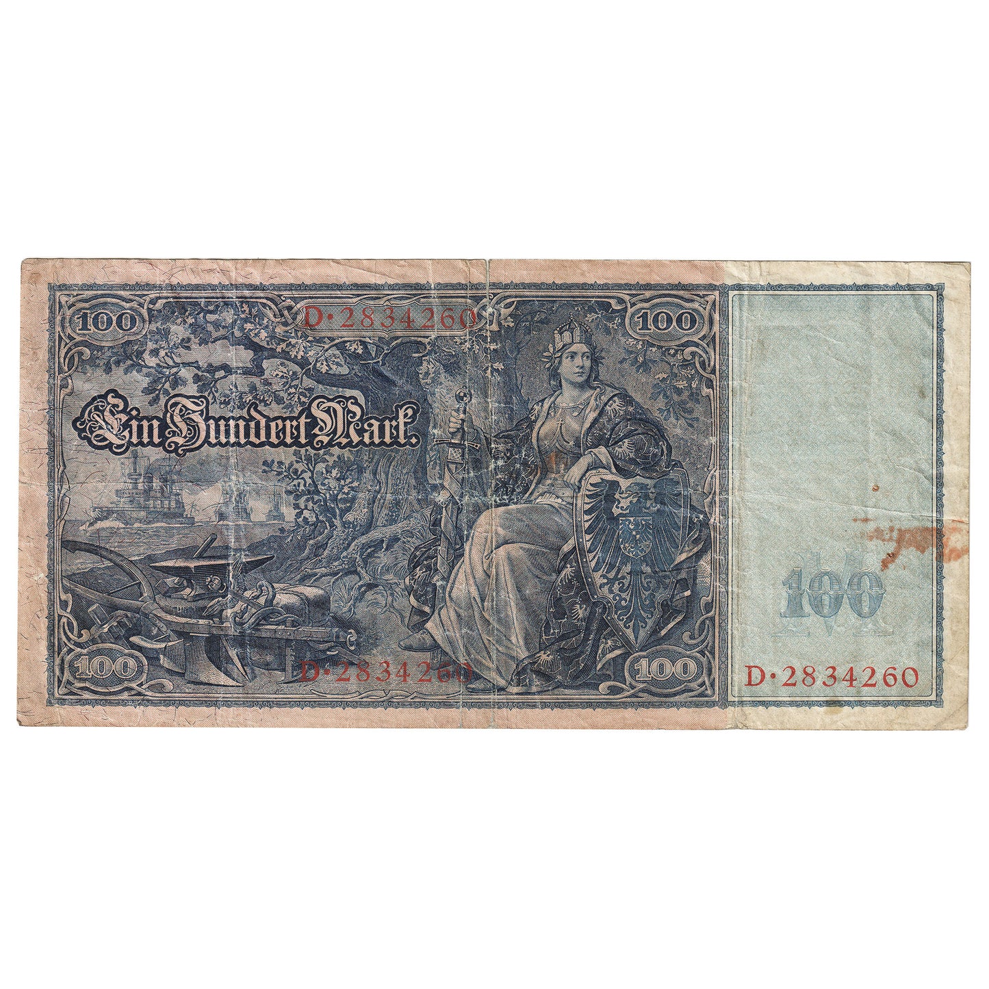 Germany 1910 100 Mark Note, Red Seal, Pick #42, VF (Impaired)