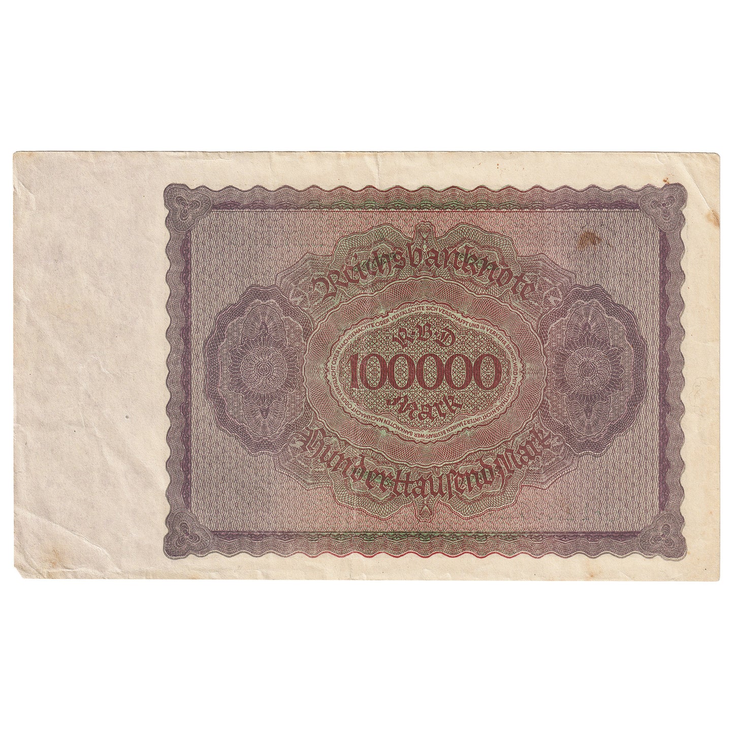 Germany 1923 100,000 Mark Note, Pick #83a, VF-EF (Holes, Tear)