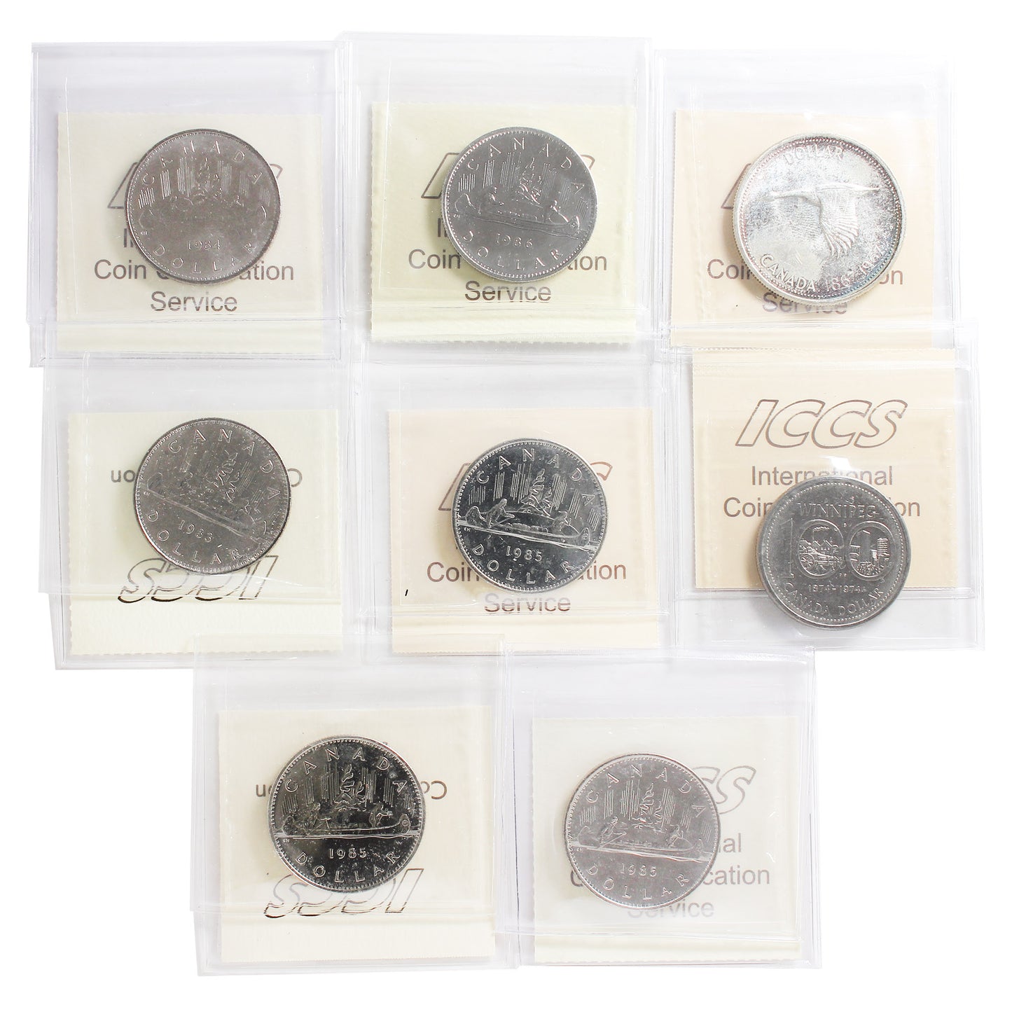 Lot of 8x 1967-1986 Canada Dollar ICCS Cert. MS60 to MS65, 8Pcs.