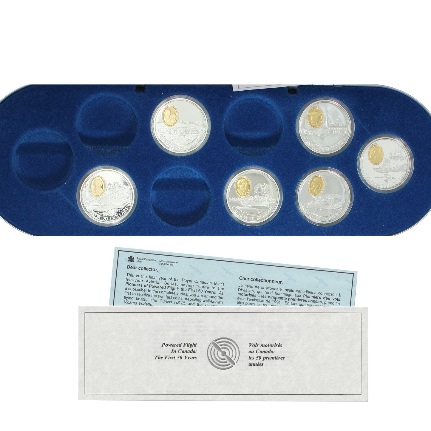 6x 1990-1994 Canada Aviation Sterling Silver in Deluxe Box (scratched capsules) 6pcs