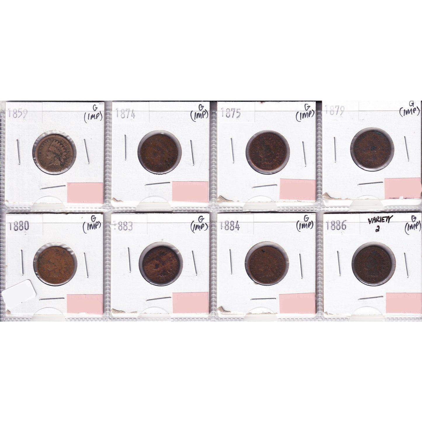 Lot of 8x 1859-1886 USA cent, All G, 8Pcs. (Impaired)