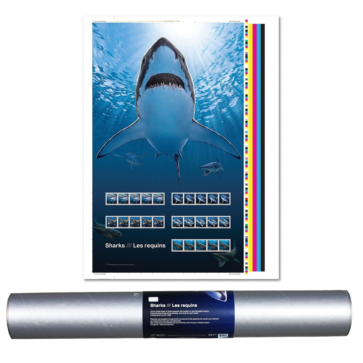 2018 Canada Sharks Uncut Press Sheet of 5 Stamp Souvenir Sheets in Tube