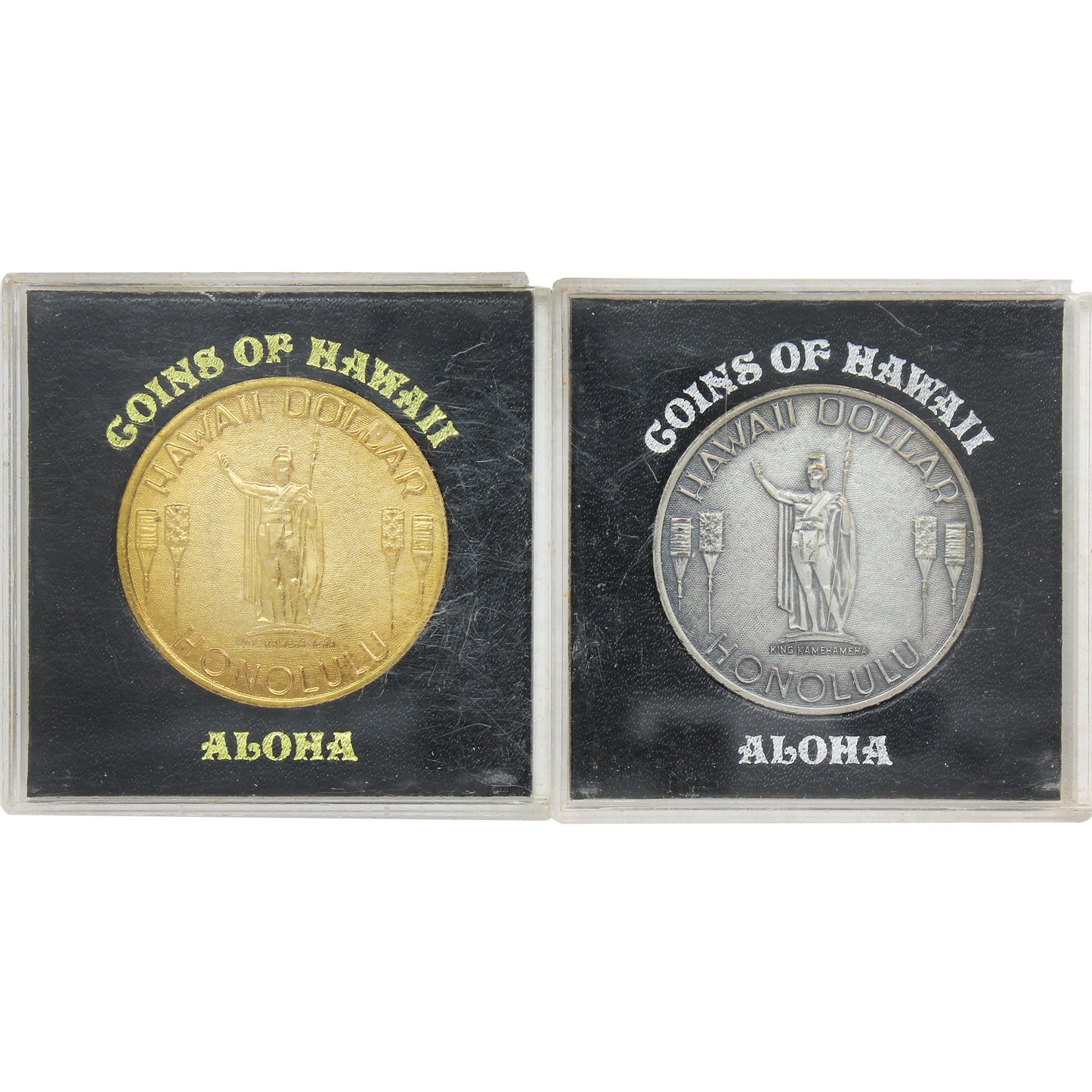Pair of 1976 Hawaii Brass Gold and Silver Like Finish Dollars in Square Holders