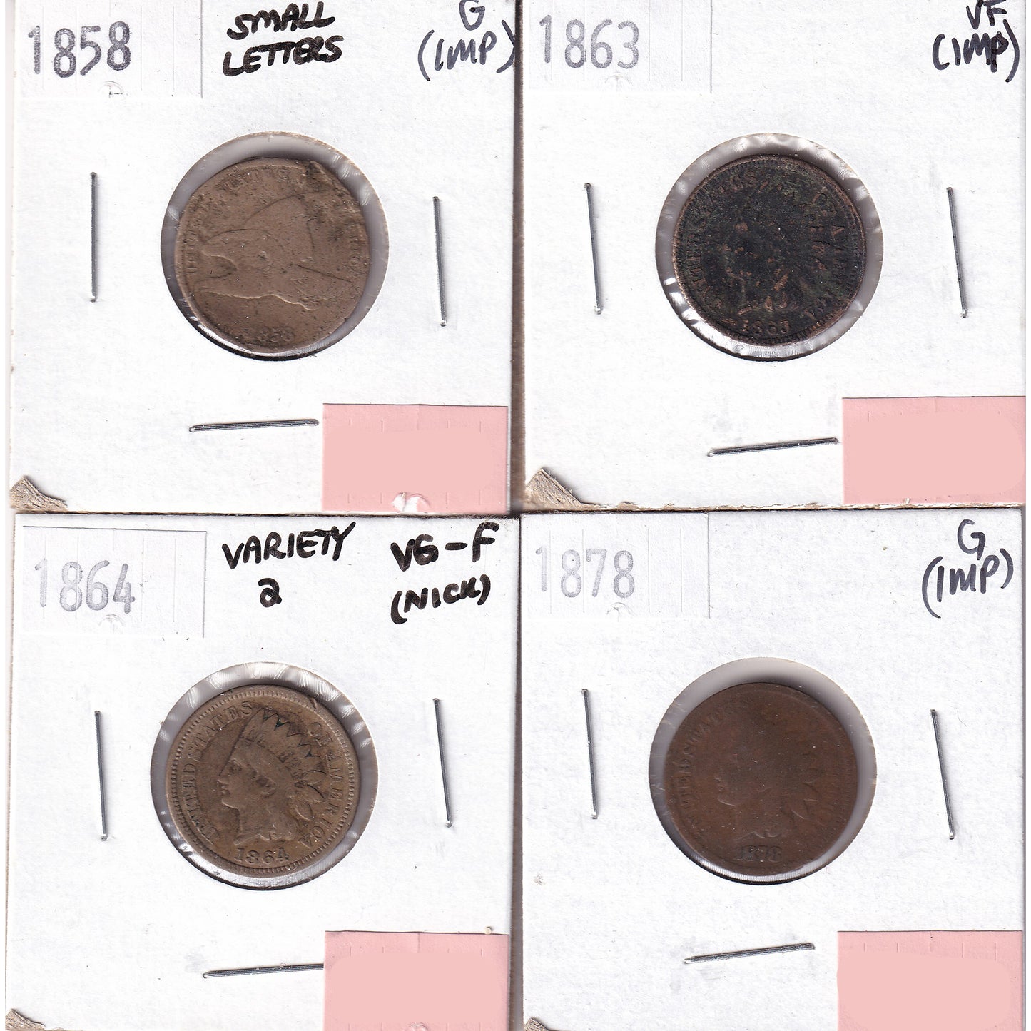 Lot of 4x 1858-1878 USA Cent, G to VF, 4Pcs. (Impaired)