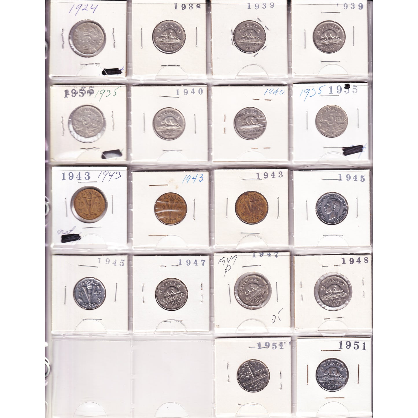 Lot of 60x 1924-1989 Canada 5-cents, 60Pcs. (Impaired)