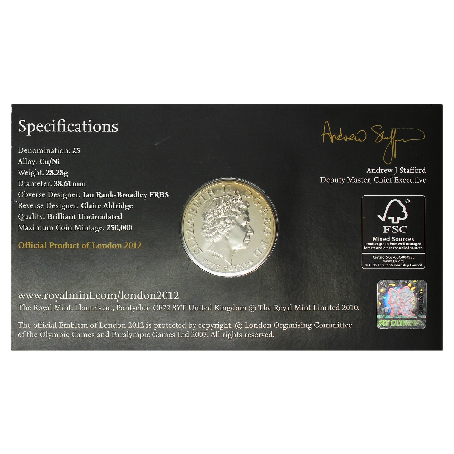 2011 UK 5 Pound One Year Countdown to Olympics Commemorative Coin in Folder (Light Wear)