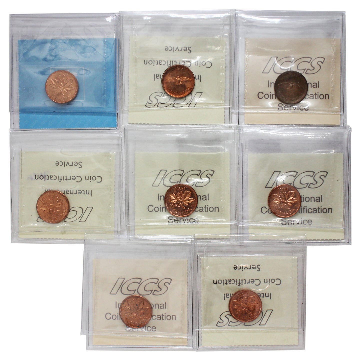 Lot of 8x 1957-1967 Canada 1-cent CCCS and ICCS Cert. AU50 to MS64, 8Pcs.