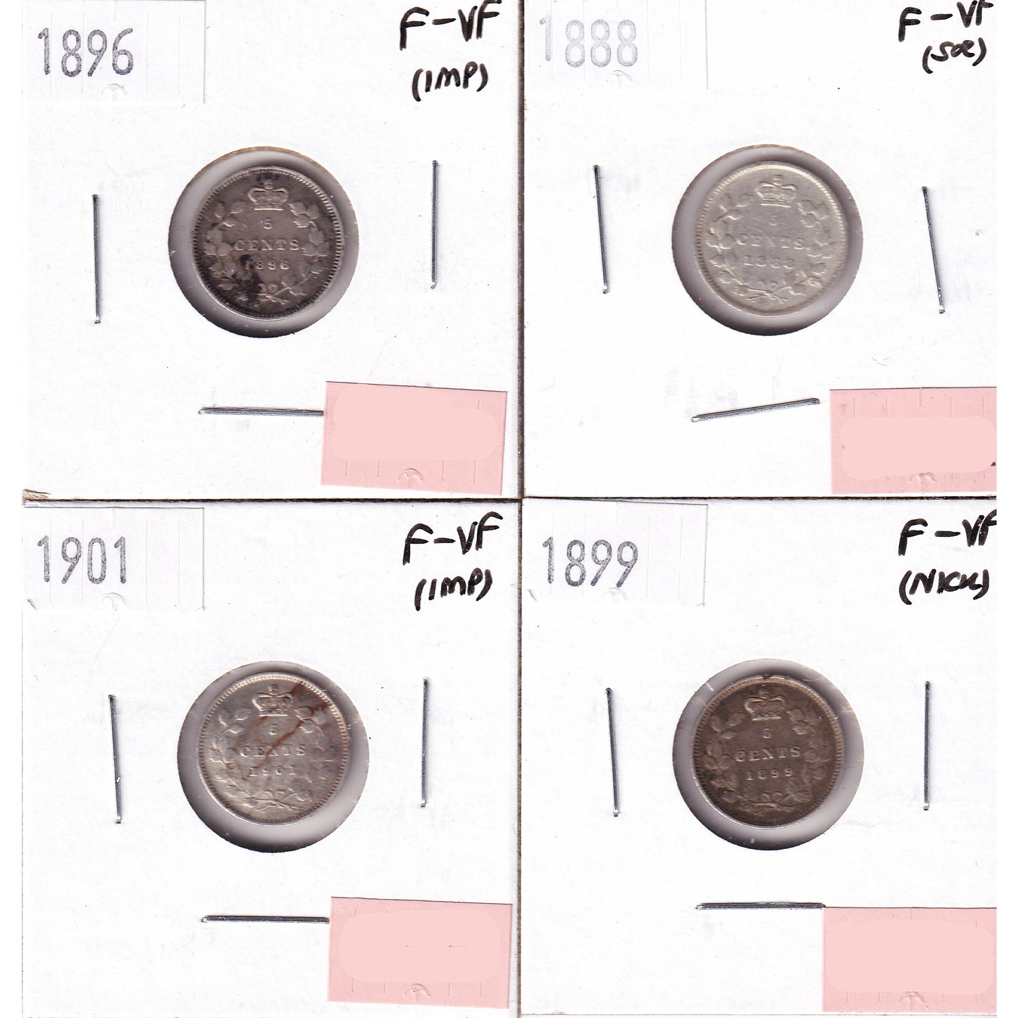 Lot of 4x 1888-1901 Canada 5-cents, All F-VF, 4Pcs. (Impaired)