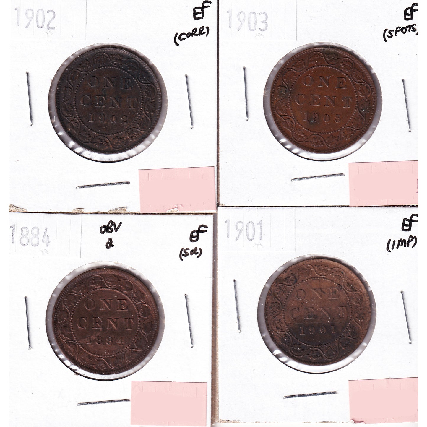Lot of 4x 1884-1903 Canada 1-cent, All EF, 4Pcs. (Impaired)