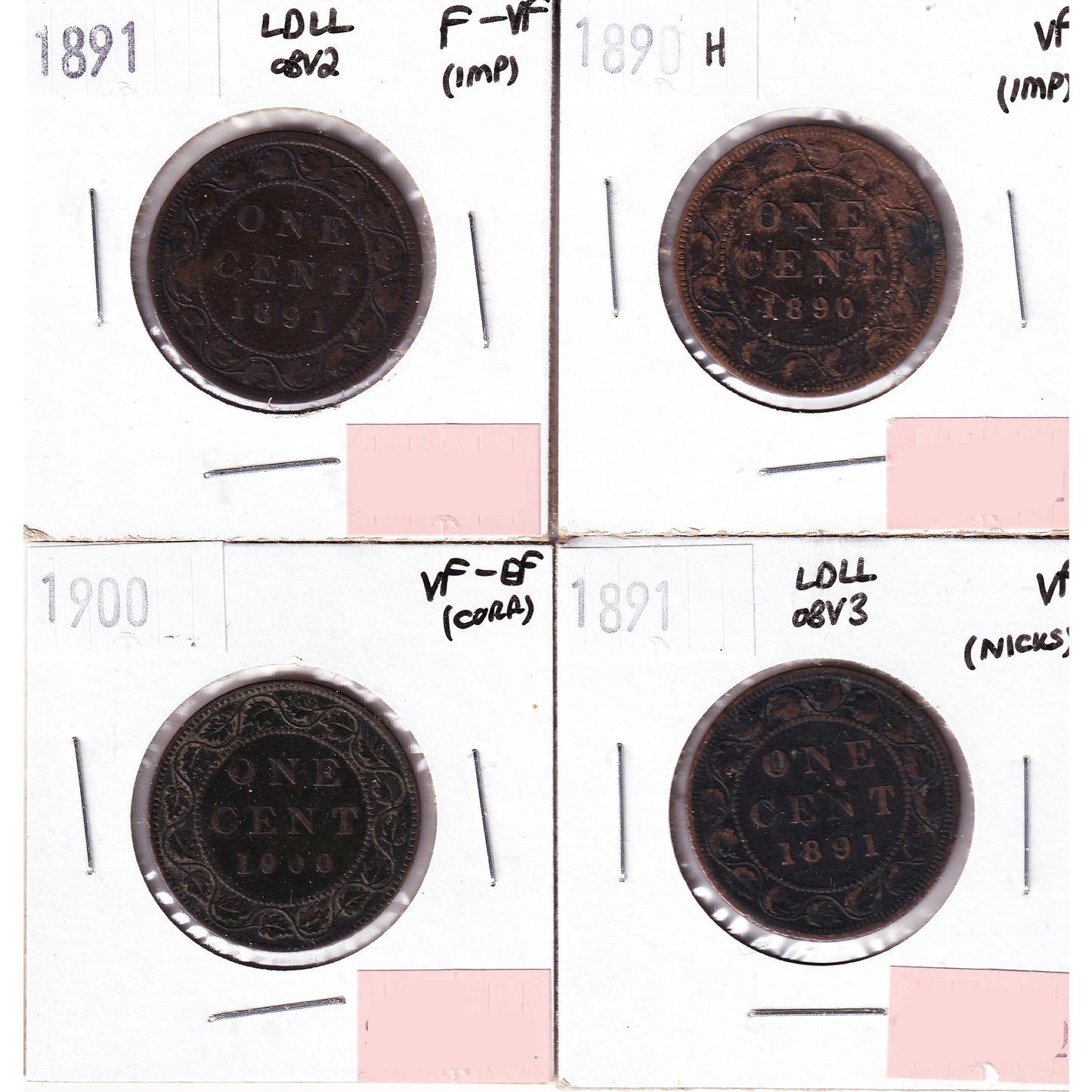 Lot of 4x 1890H-1900 Canada 1-cent, F-VF to VF-EF, 4Pcs. (Impaired)