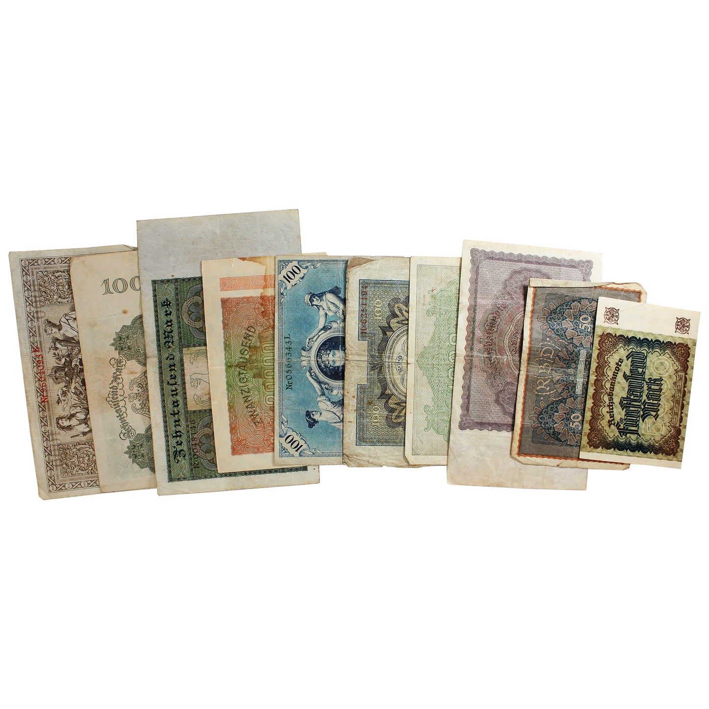 Lot of 10x Different German Large Size Notes Circ, 10Pcs.