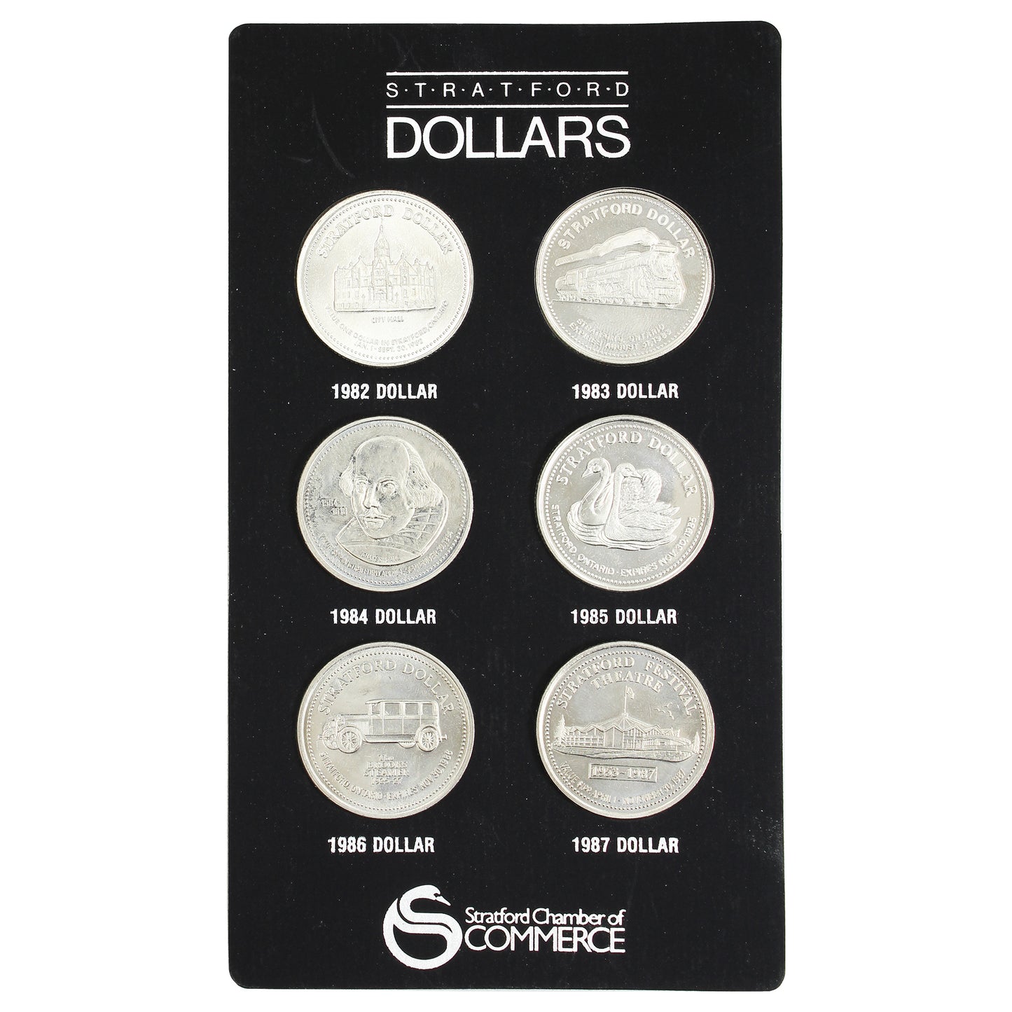 1982-1987 Stratford, Ont. 6-Trade Dollar Token Set in Card (Scratched)