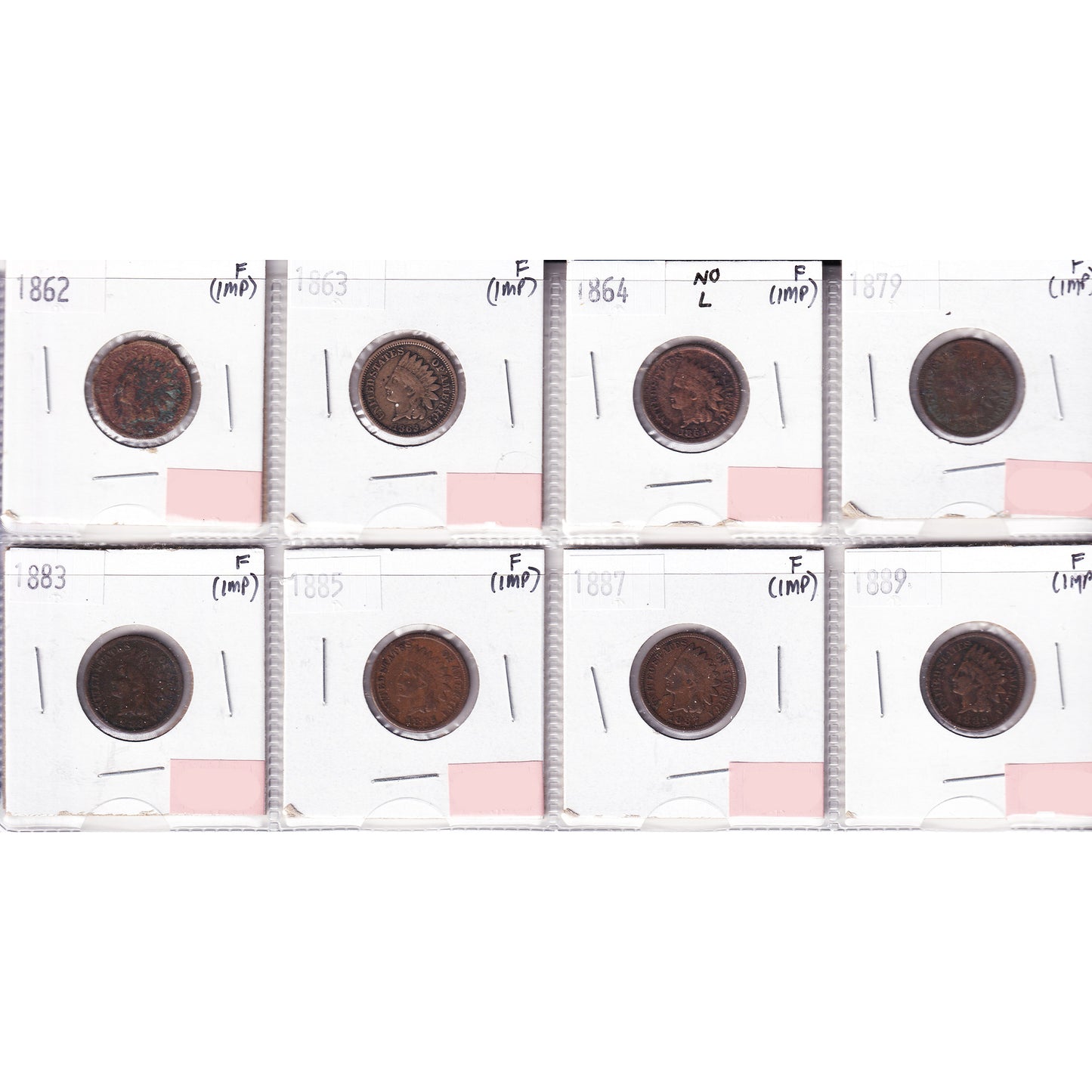 Lot of 8x 1862-1889 USA Cent, All F, 8Pcs. (Impaired)
