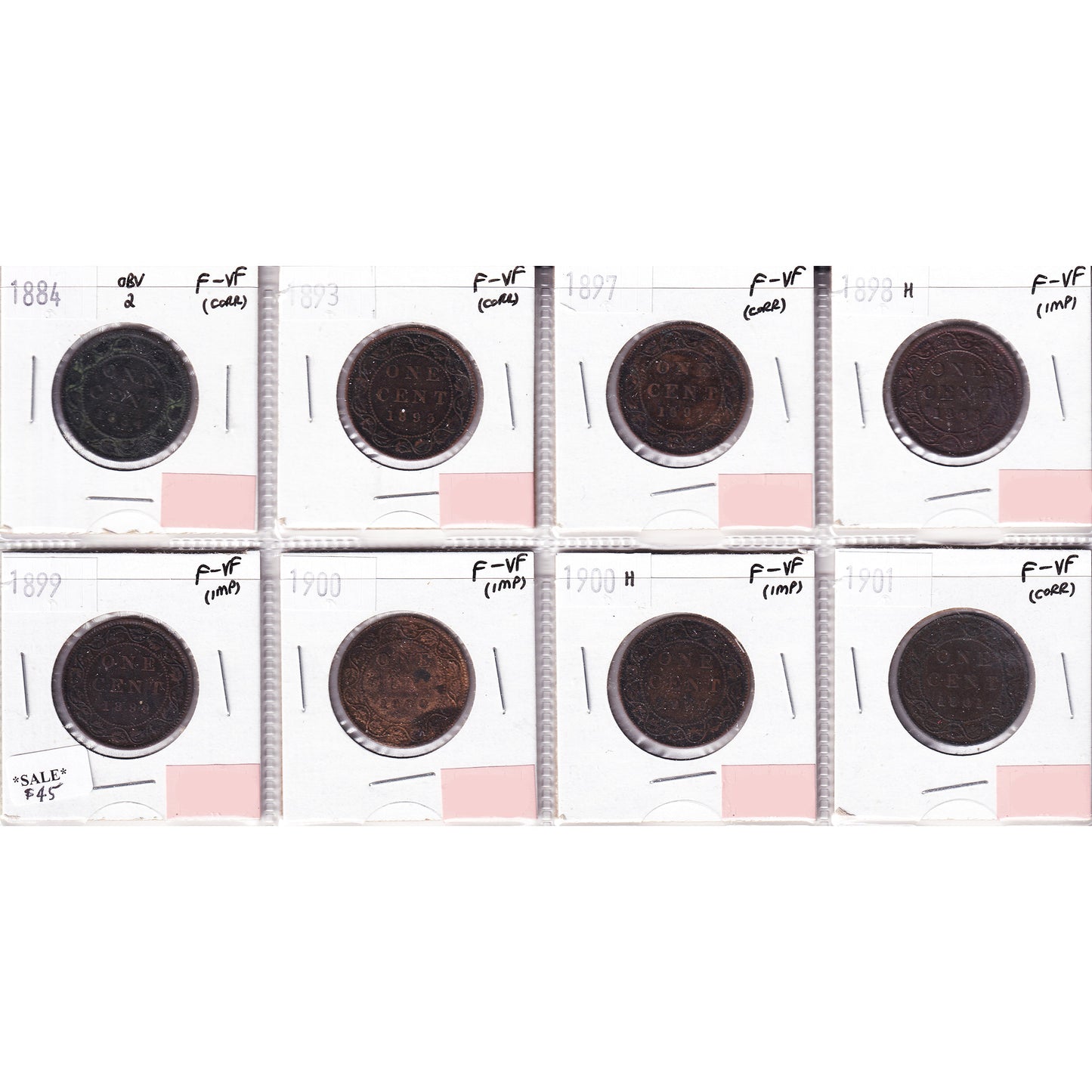 Lot of 8x 1884-1901 Canada 1-cent, All F-VF, 8Pcs. (Impaired)