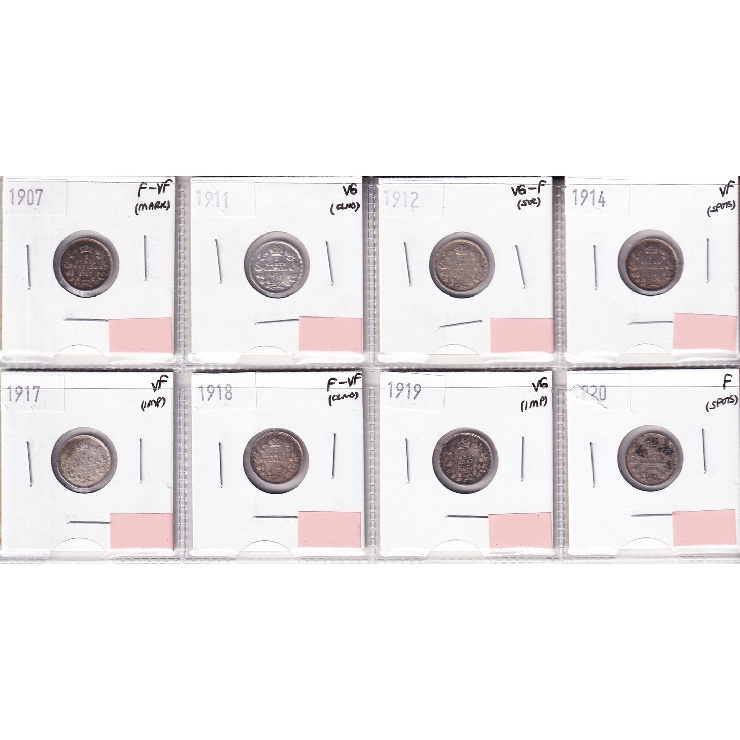 Lot of 8x 1907-1920 Canada 5-cents, VG to VF, 8Pcs. (Impaired)