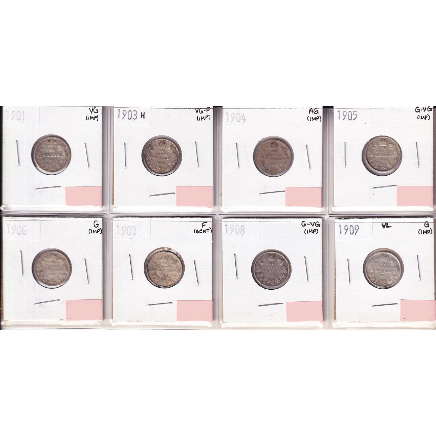 Lot of 8x 1901-1909 Canada 10-cents, AG to VG-F, 8Pcs. (Impaired)