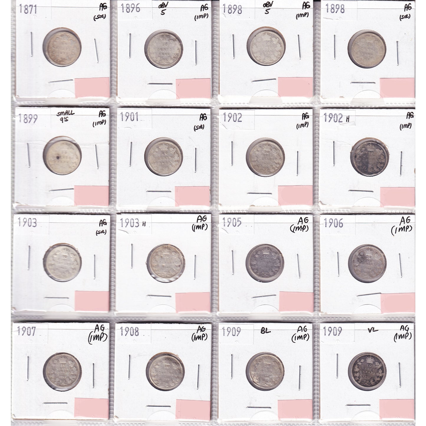 Lot of 16x 1871-1909 Canada 10-cents, All AG, 16Pcs. (Impaired)