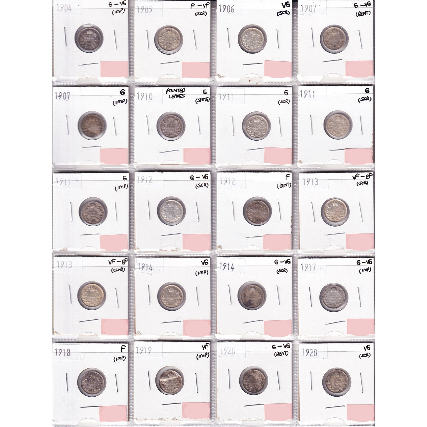 Lot of 20x 1904-1920 Canada 5-cents, G to VF-EF, 20Pcs. (Impaired)