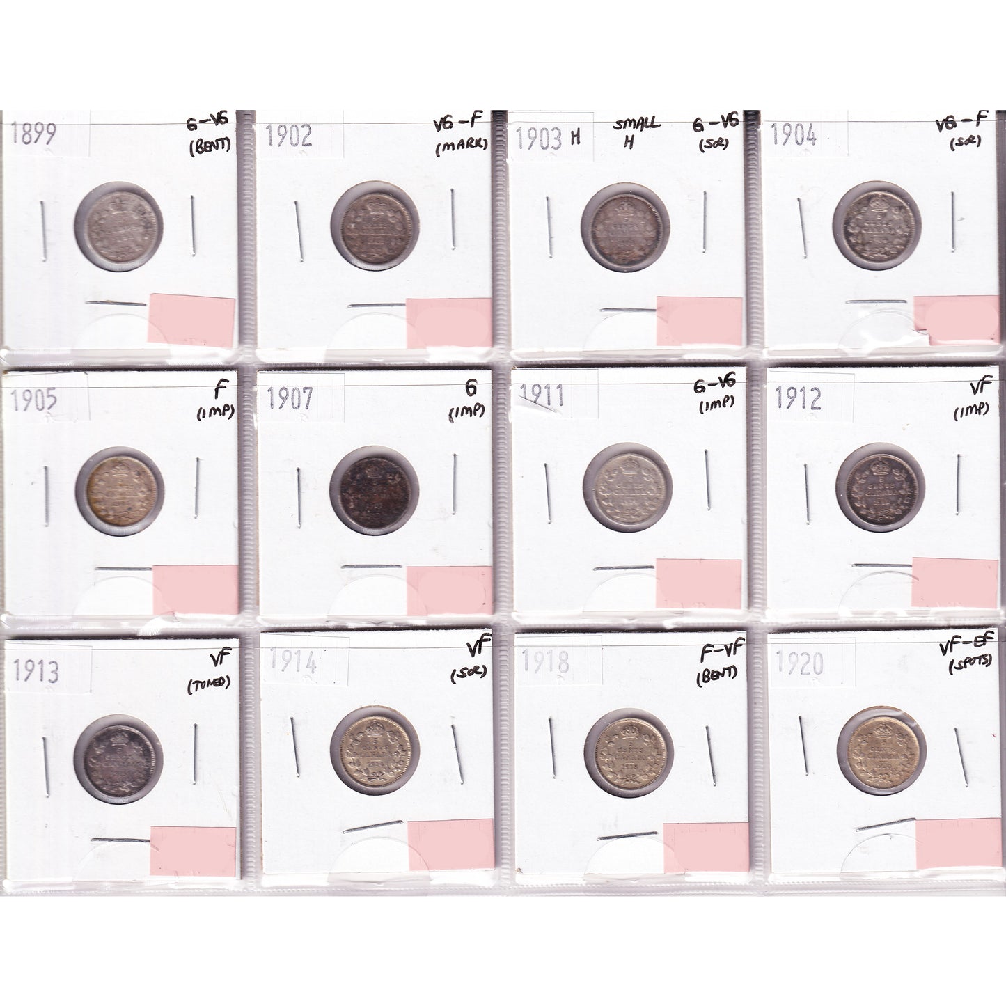 Lot of 12x 1899-1920 Canada 5-cents, G to VF-EF, 12Pcs. (Impaired)