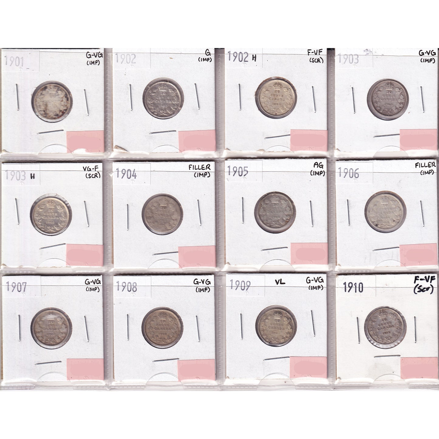Lot of 12x 1901-1910 Canada 10-cents, Filler to F-VF, 12Pcs. (Impaired)