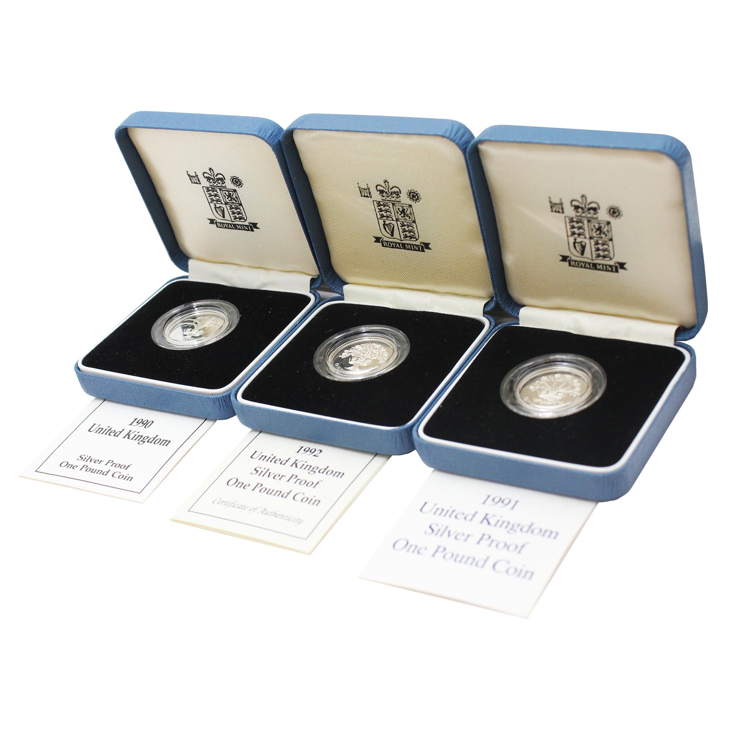 Lot of 3x 1990-1992 UK £1 Silver Proof Coins in Cases, 3Pcs (Issues)