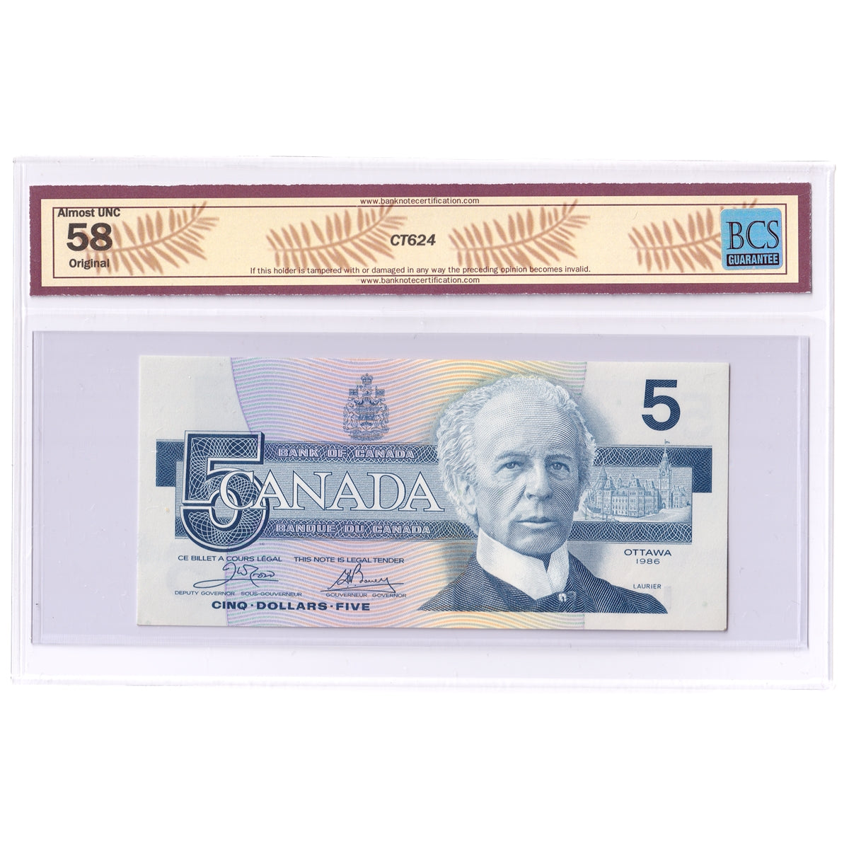 BC-56a-i 1986 Canada $5 C-B, Changeover, EOH Blue BPN, BCS Cert. AU58 Original
