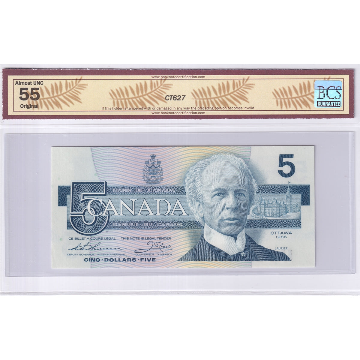 BC-56b 1986 Canada $5 Thiessen-Crow, Changeover, EPC, BCS Certified AU55 Original