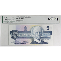 BC-56a 1986 Canada $5 Crow-Bouey, Yellow B/P #, ENV Legacy Certified GUNC65 PPQ