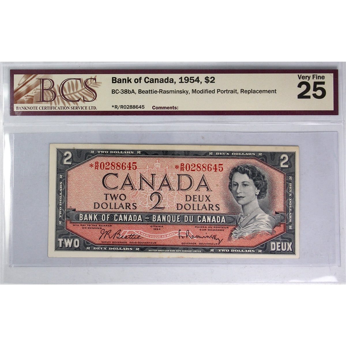 BC-38bA 1954 Canada $2 B-R, Modified Portrait, Replacement, *R/R BCS Certified VF-25
