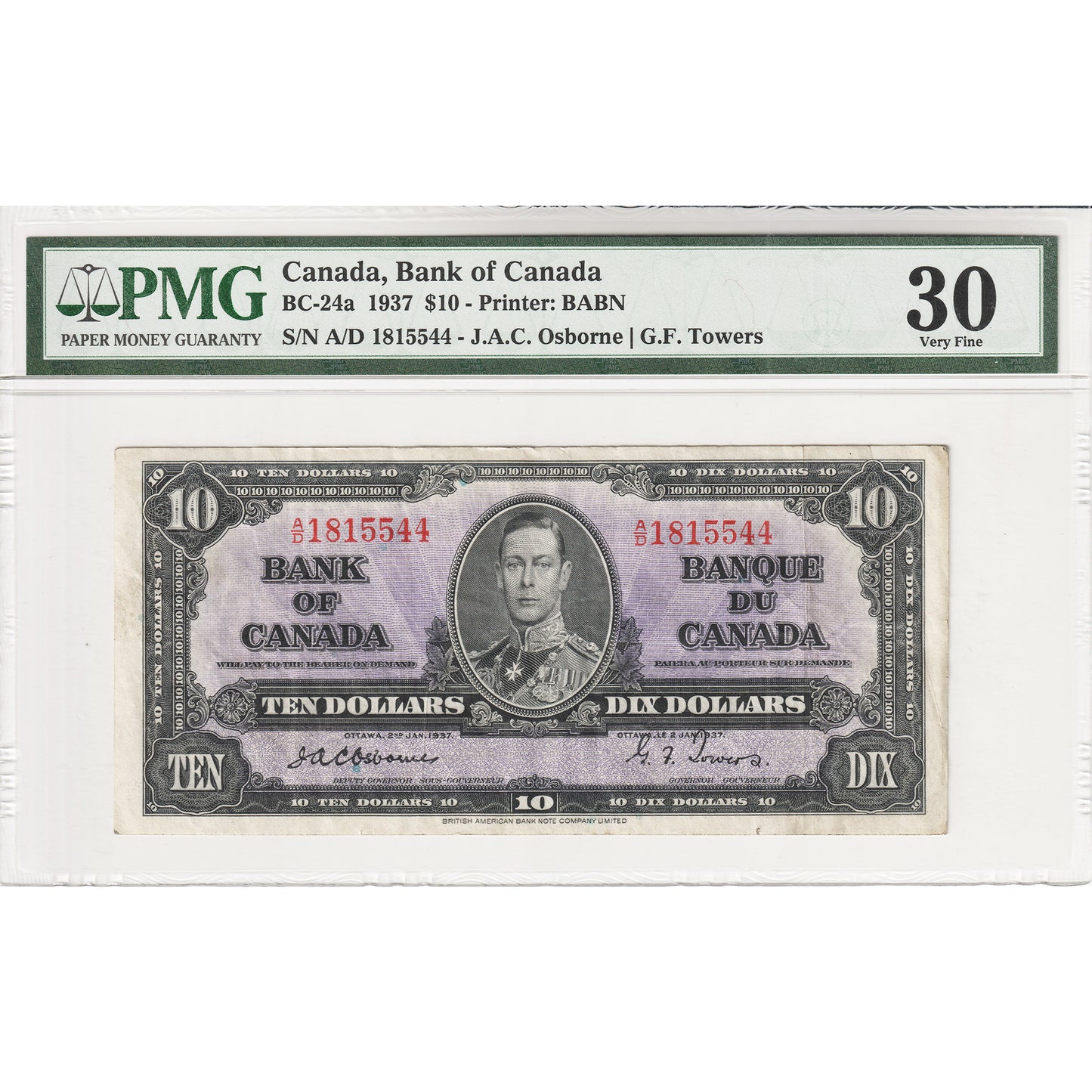 BC-24a 1937 Canada $10 Osborne-Towers, A/D PMG Certified VF30