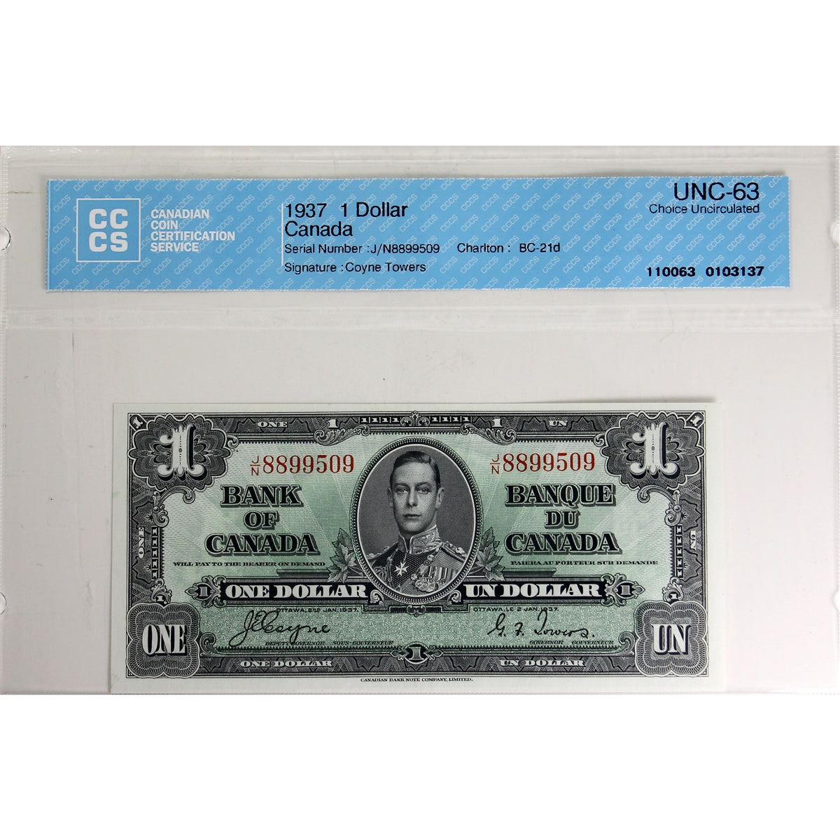 BC-21d 1937 Canada $1 Coyne-Towers, J/N CCCS Certified CUNC63